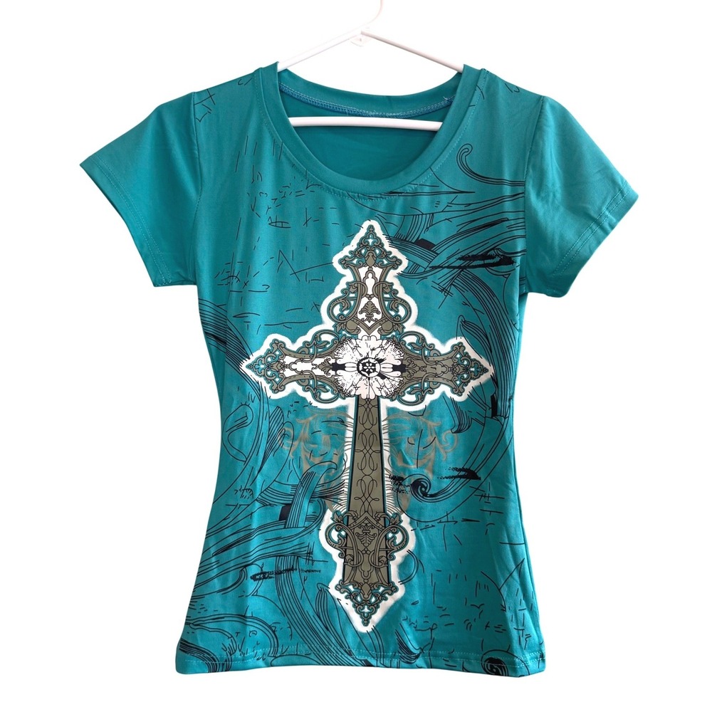 NWOT Womens Y2k Grunge Emo Streetwear Gothic Tribal Graphic Shirt Blue Size XS